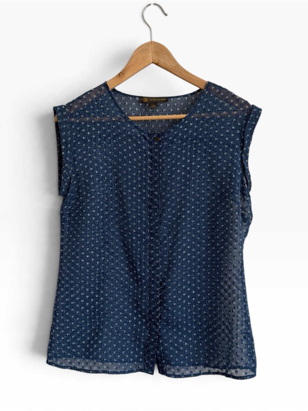Outback Red Navy Blue Printed Sheer Cap Sleeve Blouse Size Small